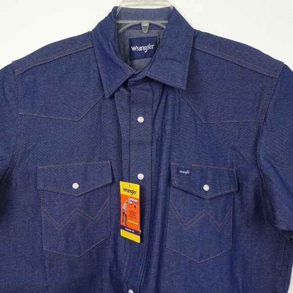 Wrangler Denim Shirt Men's Size L Blue Short Sleeve Pearl Snap Cowboy Cut - Picture 2 of 10
